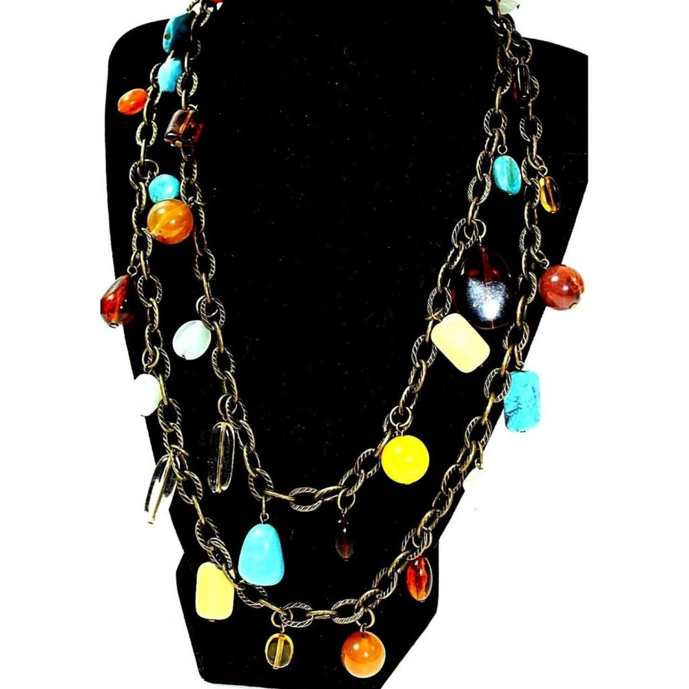 Multi Color Stone Bead Necklace Gold Tone Large Chain Link Antique Boho Style
